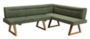 Grüne Eckbank mit Holzbeinen, seitliche Perspektive