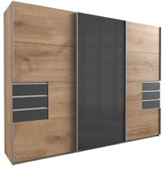 Moderner dreitüriger Schwebetürenschrank in Holzoptik mit grauen Akzenten, Frontansicht.