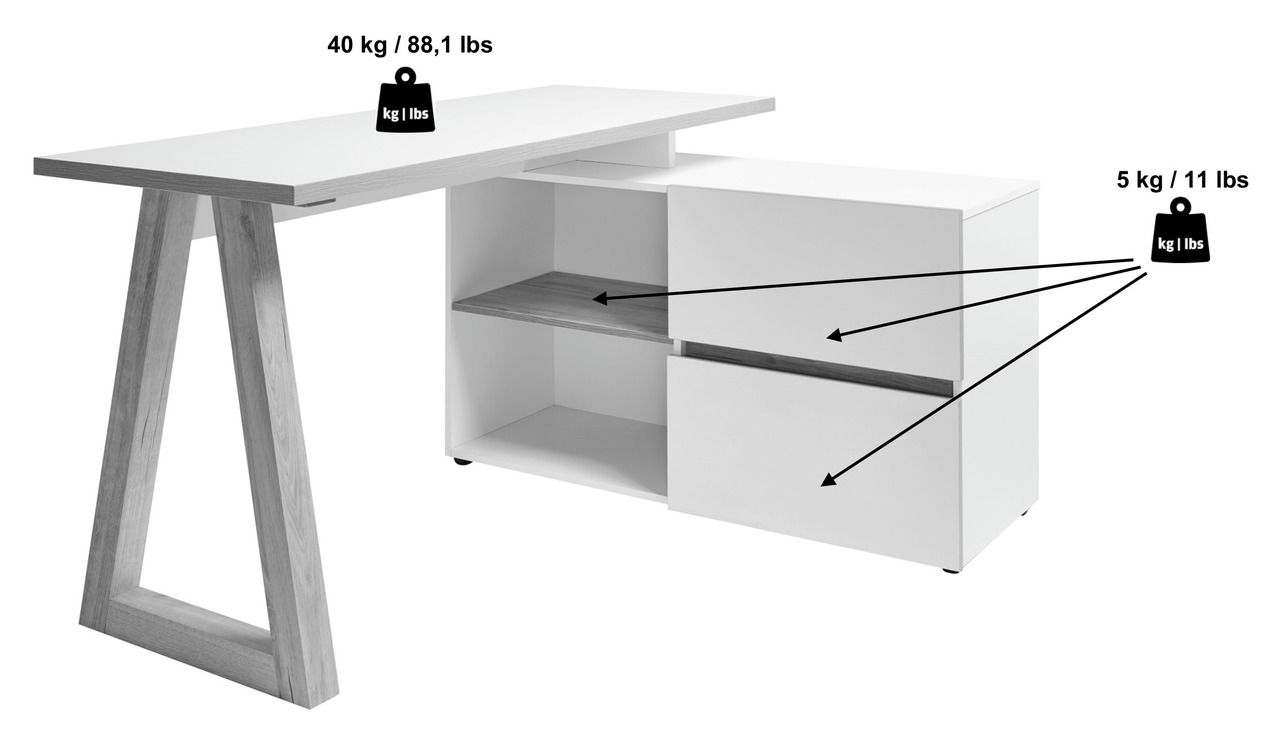 Moderner weißer Eck-Schreibtisch mit Holzgestell und Stauraum, seitliche Perspektive