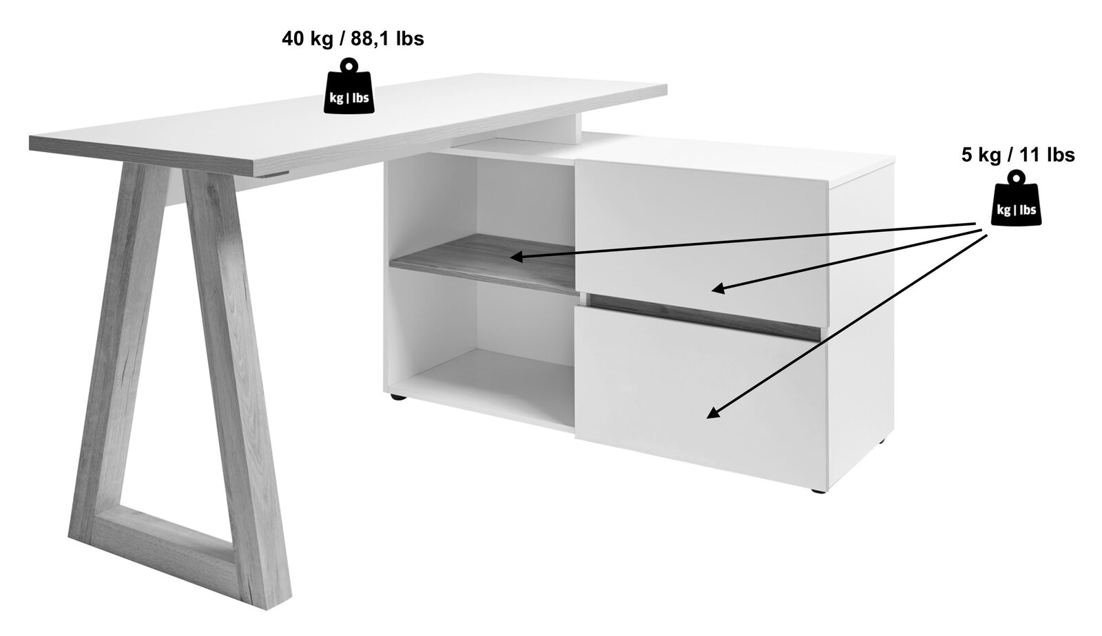 Moderner weißer Eck-Schreibtisch mit Holzgestell und Stauraum, seitliche Perspektive