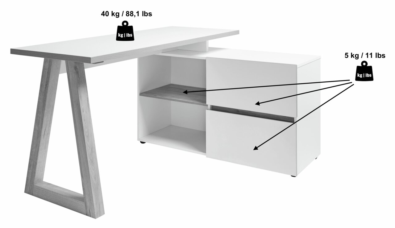 Moderner weißer Eck-Schreibtisch mit Holzgestell und Stauraum, seitliche Perspektive