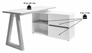 Moderner weißer Eck-Schreibtisch mit Holzgestell und Stauraum, seitliche Perspektive