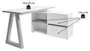 Moderner weißer Eck-Schreibtisch mit Holzgestell und Stauraum, seitliche Perspektive