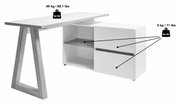 Moderner weißer Eck-Schreibtisch mit Holzgestell und Stauraum, seitliche Perspektive