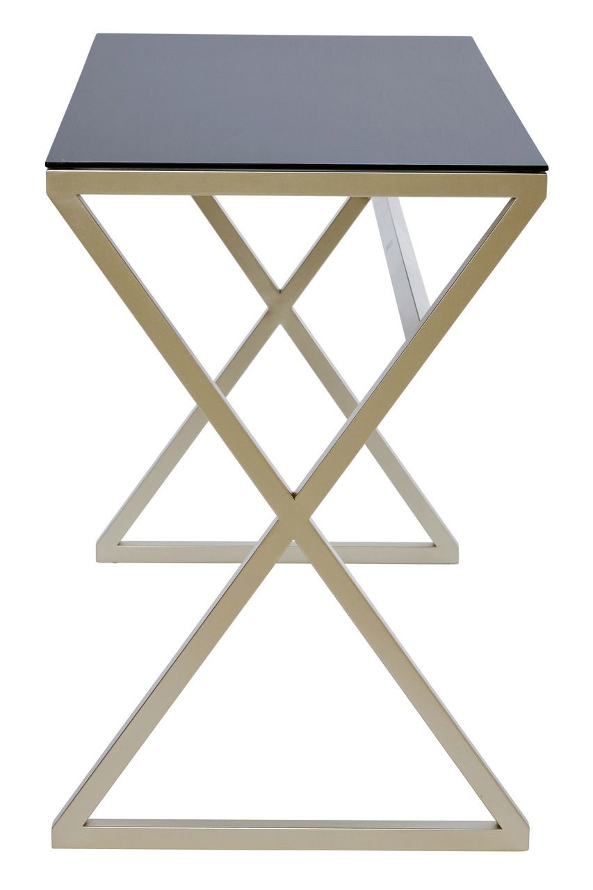 Moderner Schreibtisch mit schwarzer Tischplatte und goldfarbenem Metallgestell in X-Form, seitliche Perspektive