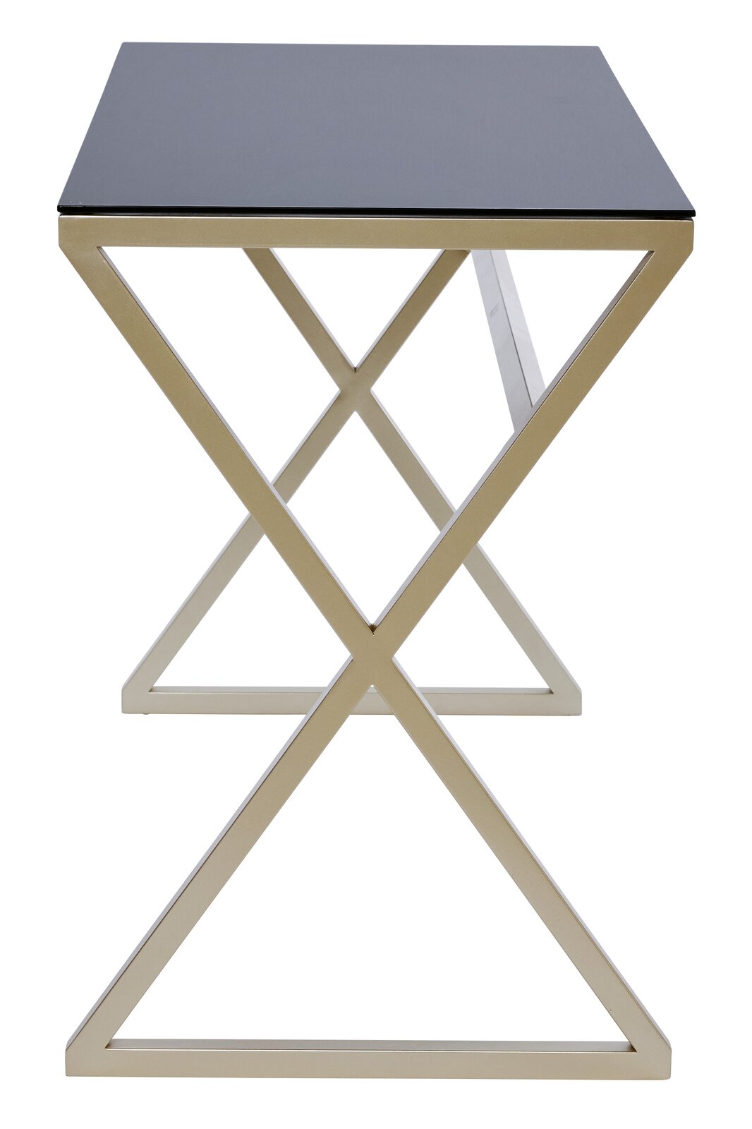 Moderner Schreibtisch mit schwarzer Tischplatte und goldfarbenem Metallgestell in X-Form, seitliche Perspektive