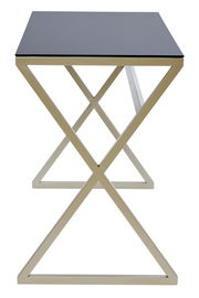 Moderner Schreibtisch mit schwarzer Tischplatte und goldfarbenem Metallgestell in X-Form, seitliche Perspektive