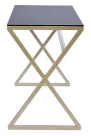 Moderner Schreibtisch mit schwarzer Tischplatte und goldfarbenem Metallgestell in X-Form, seitliche Perspektive