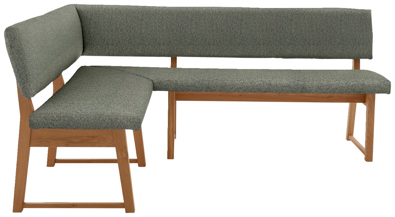 Hoekbank met houten frame en groene stoffen bekleding, zijaanzicht