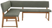 Hoekbank met houten frame en groene stoffen bekleding, zijaanzicht