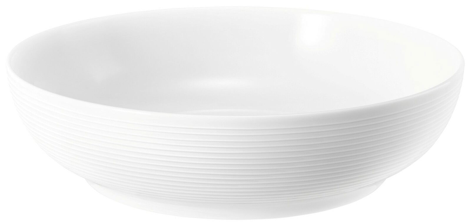 Weiße Schüssel mit geriffelter Oberfläche, seitliche Perspektive