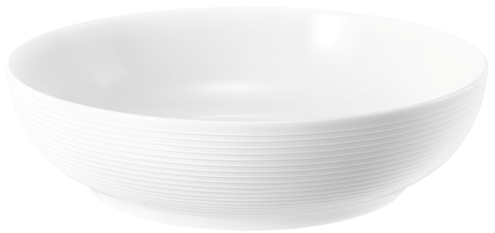Weiße Schüssel mit geriffelter Oberfläche, seitliche Perspektive