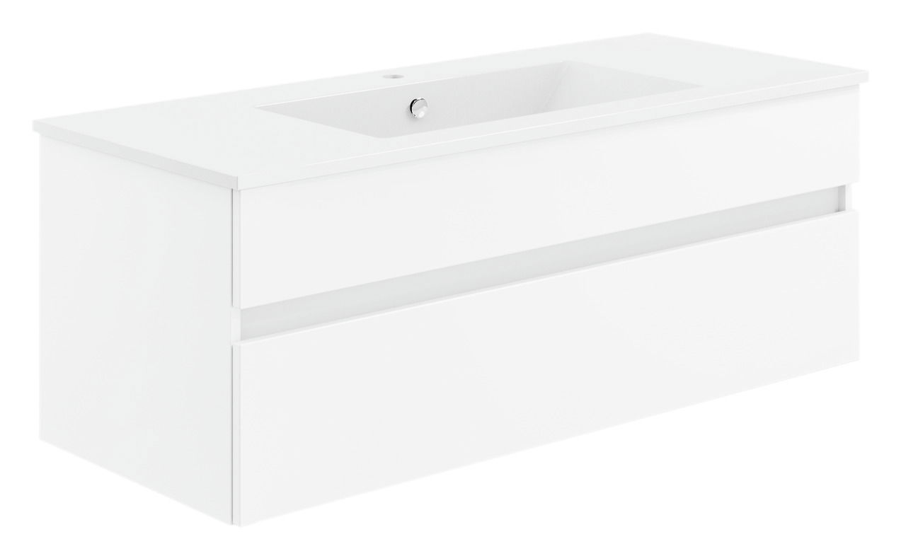 Weiße Badkombination mit Waschbecken, seitliche Perspektive