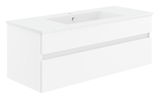 Weiße Badkombination mit Waschbecken, seitliche Perspektive