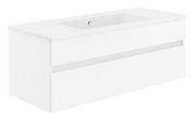 Weiße Badkombination mit Waschbecken, seitliche Perspektive