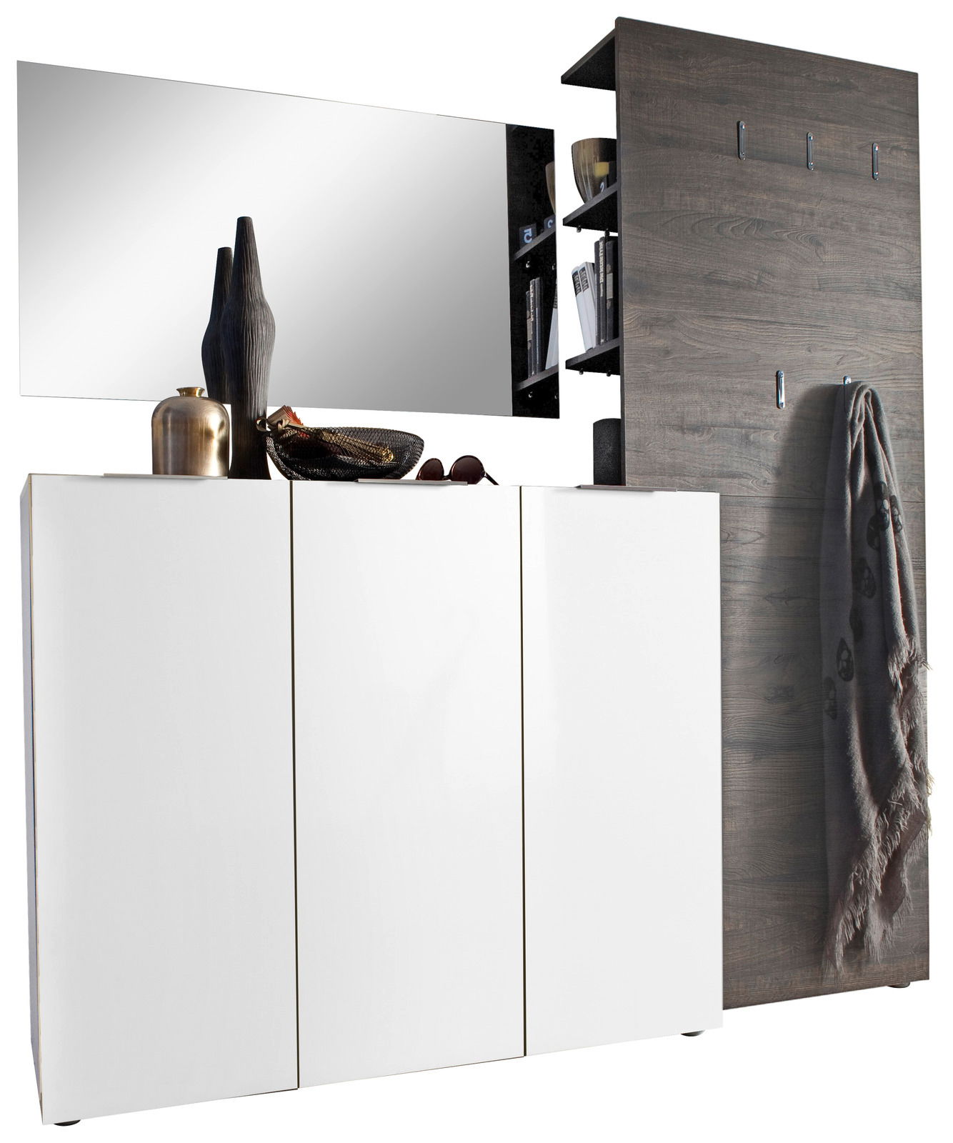 Carryhome Garderobenkombination 3er VICENZA Moderne Garderobenkombination in Weiß und Holzoptik mit Spiegel, Schränken und Haken, seitliche Perspektive