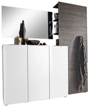 Moderne Garderobenkombination in Weiß und Holzoptik mit Spiegel, Schränken und Haken, seitliche Perspektive