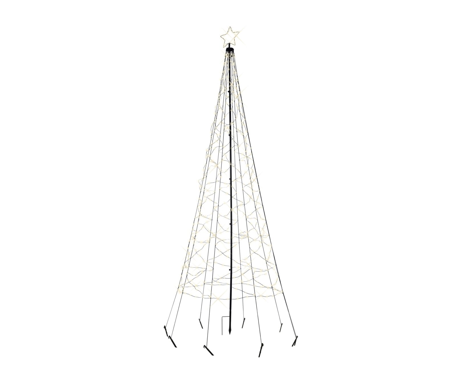 Frontaal aanzicht van een hoge, kegelvormige kerstboomdecoratie met zwart metalen frame, warmwitte lichtjes en een verlichte ster als piek