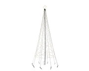 Frontaal aanzicht van een hoge, kegelvormige kerstboomdecoratie met zwart metalen frame, warmwitte lichtjes en een verlichte ster als piek