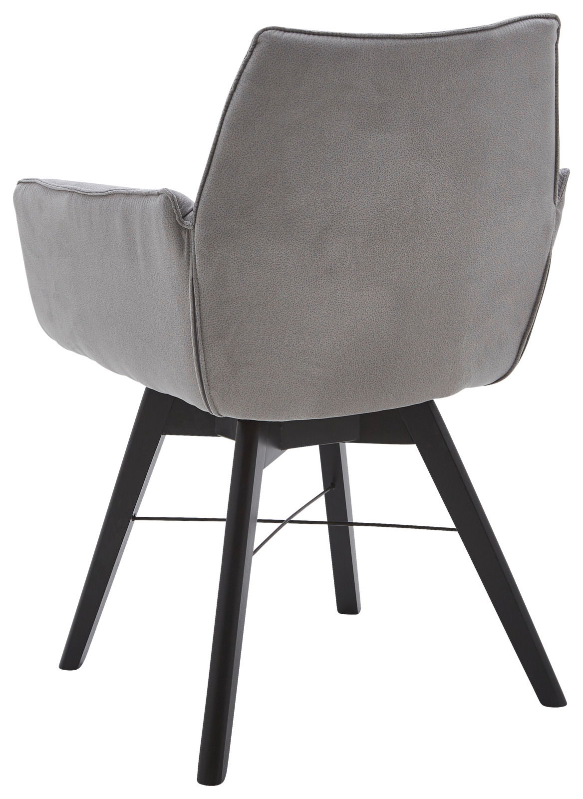 Rückansicht eines grauen Armlehnenstuhls mit schwarzen Holzbeinen