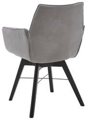 Rückansicht eines grauen Armlehnenstuhls mit schwarzen Holzbeinen