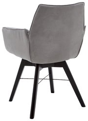 Rückansicht eines grauen Armlehnenstuhls mit schwarzen Holzbeinen