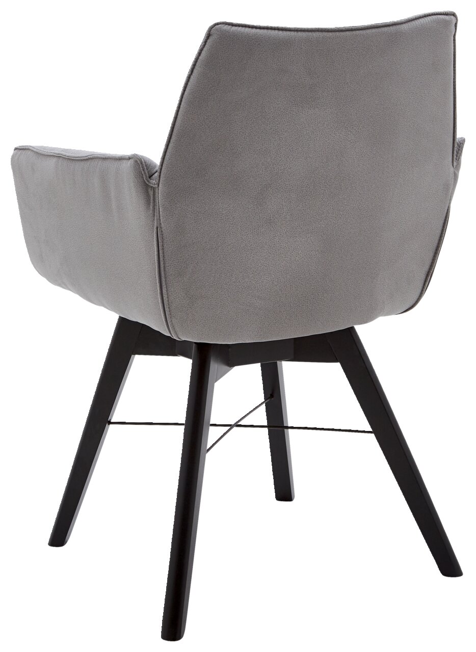 Rückansicht eines grauen Armlehnenstuhls mit schwarzen Holzbeinen