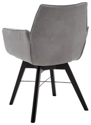 Achterkant van een grijze fauteuil met zwarte houten poten