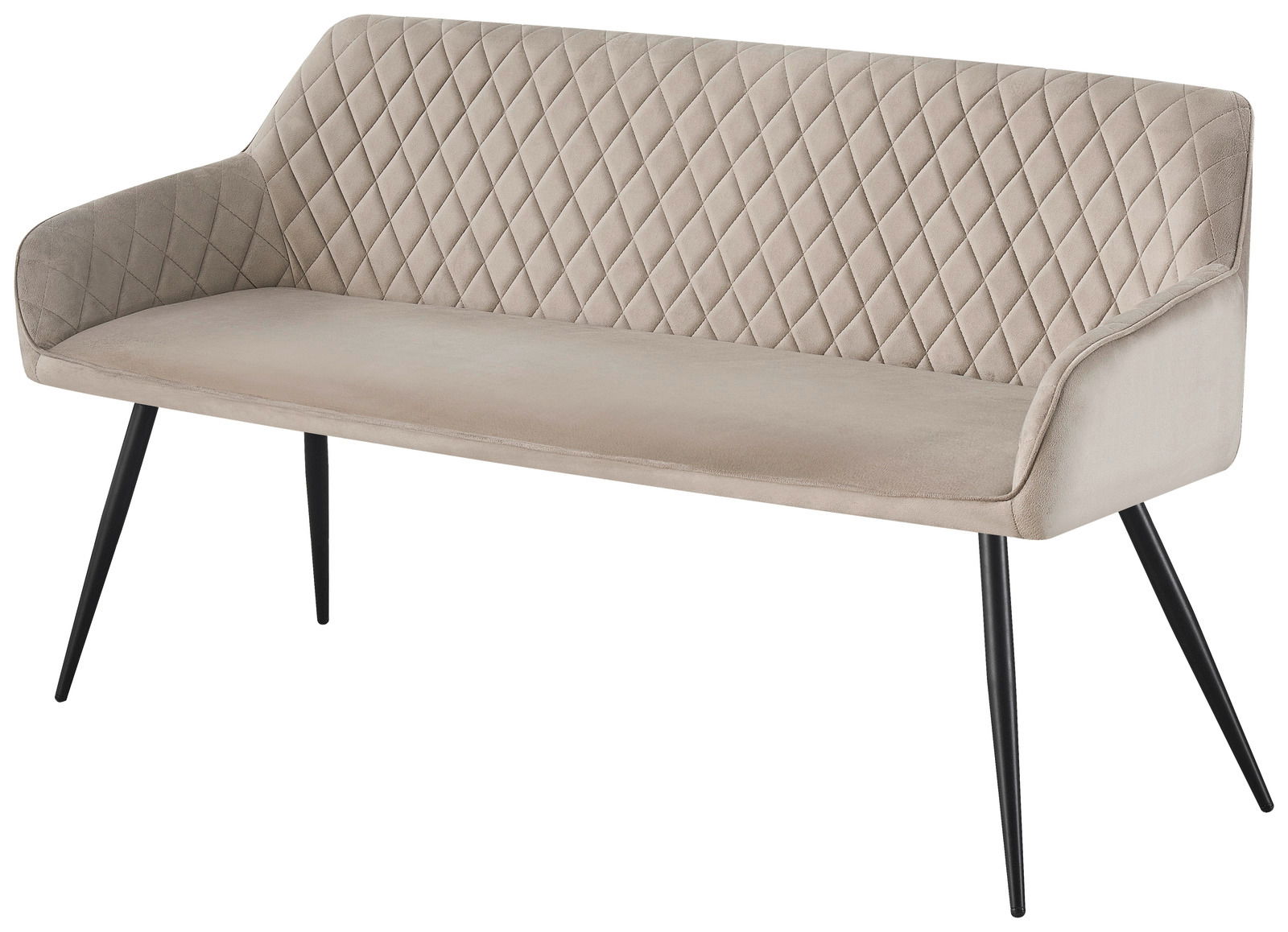Beige Sitzbank mit gestepptem Rücken und schwarzen Metallbeinen, seitliche Perspektive