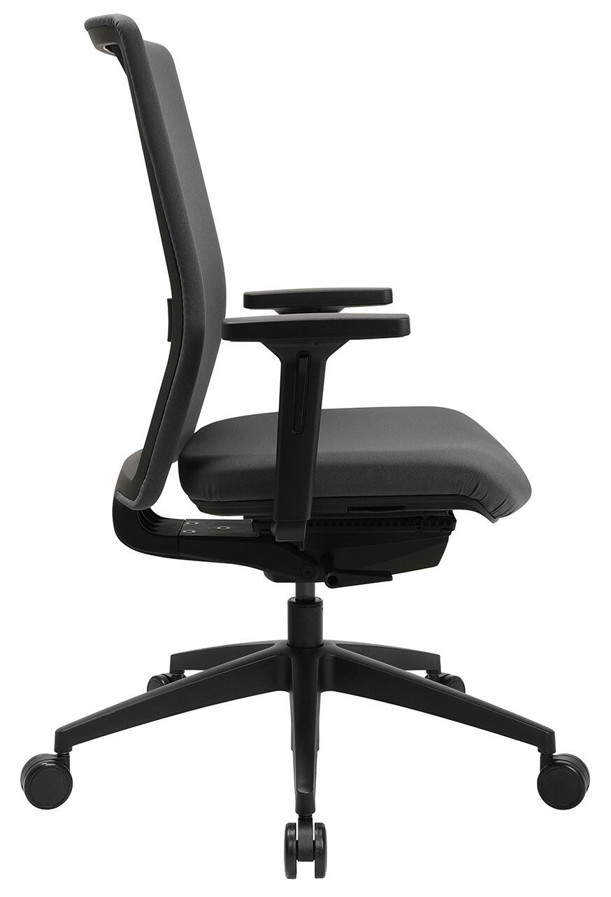 Seitenansicht eines modernen Bürostuhls mit Armlehnen und Rollen