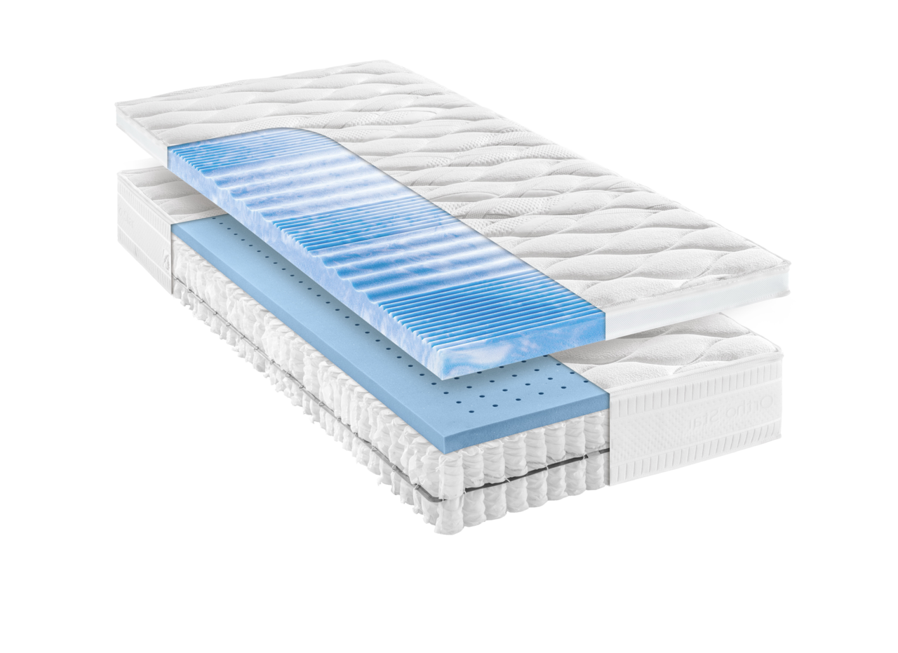 Querschnitt einer Taschenfederkernmatratze H3 mit verschiedenen Schichten, darunter eine blaue Komfortschicht, aus seitlicher Perspektive.