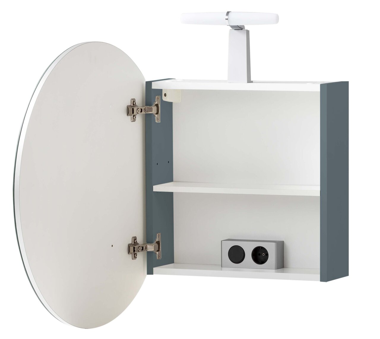 Stylife Spiegelschrank BJARNE Geöffneter Spiegelschrank mit ovalem Spiegel, zwei Innenregalen und integrierter Steckdose, seitliche Perspektive