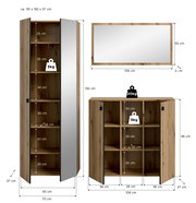 Frontansicht eines zweiteiligen Schranksets in Holzoptik: hoher Schrank (ca. 192 x 70 x 37 cm) mit Spiegel-Tür und offenen Fächern sowie Sideboard (ca. 96 x 106 x 37 cm) mit zwei Lamellentüren und Innenfächern; zusätzlich Wandspiegel (ca. 106 x 55 x 2 cm)