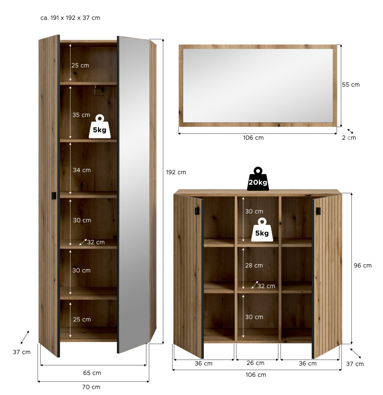 Frontansicht eines zweiteiligen Schranksets in Holzoptik: hoher Schrank (ca. 192 x 70 x 37 cm) mit Spiegel-Tür und offenen Fächern sowie Sideboard (ca. 96 x 106 x 37 cm) mit zwei Lamellentüren und Innenfächern; zusätzlich Wandspiegel (ca. 106 x 55 x 2 cm)