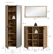 Frontansicht eines zweiteiligen Schranksets in Holzoptik: hoher Schrank (ca. 192 x 70 x 37 cm) mit Spiegel-Tür und offenen Fächern sowie Sideboard (ca. 96 x 106 x 37 cm) mit zwei Lamellentüren und Innenfächern; zusätzlich Wandspiegel (ca. 106 x 55 x 2 cm)