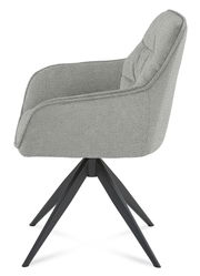 Grauer Armlehnstuhl mit schwarzem Metallgestell, seitliche Perspektive