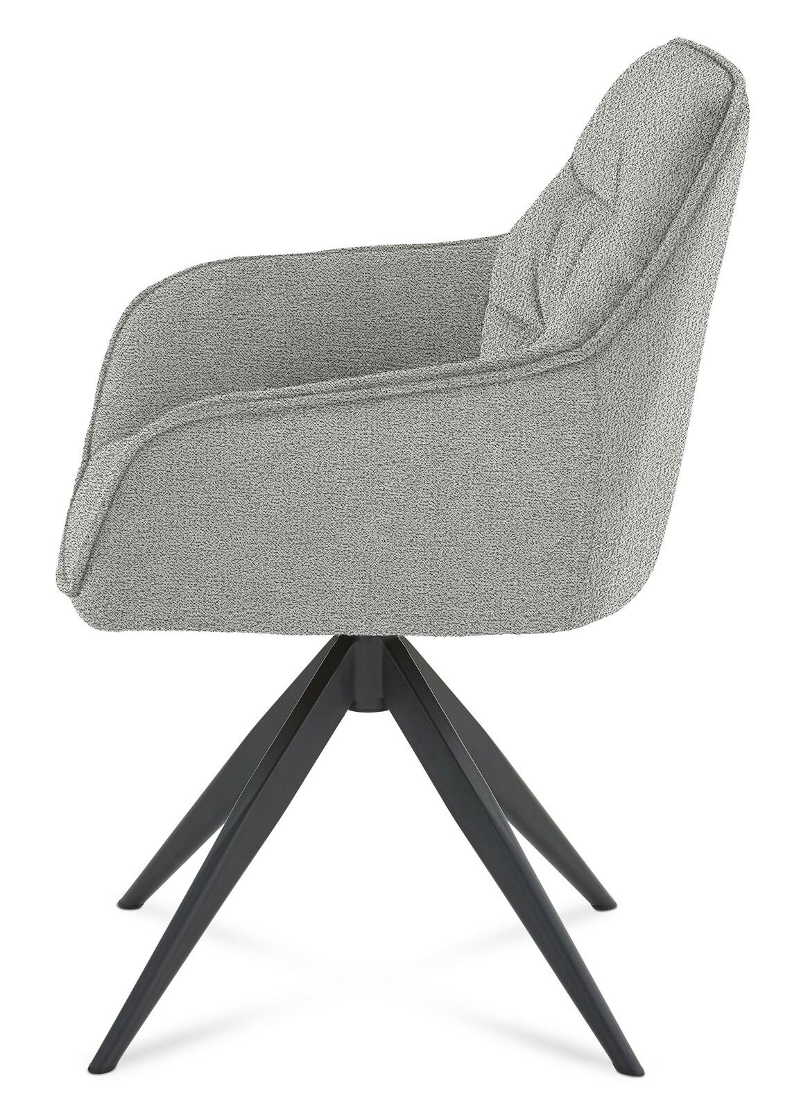 Grauer Armlehnstuhl mit schwarzem Metallgestell, seitliche Perspektive