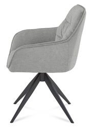 Grauer Armlehnstuhl mit schwarzem Metallgestell, seitliche Perspektive