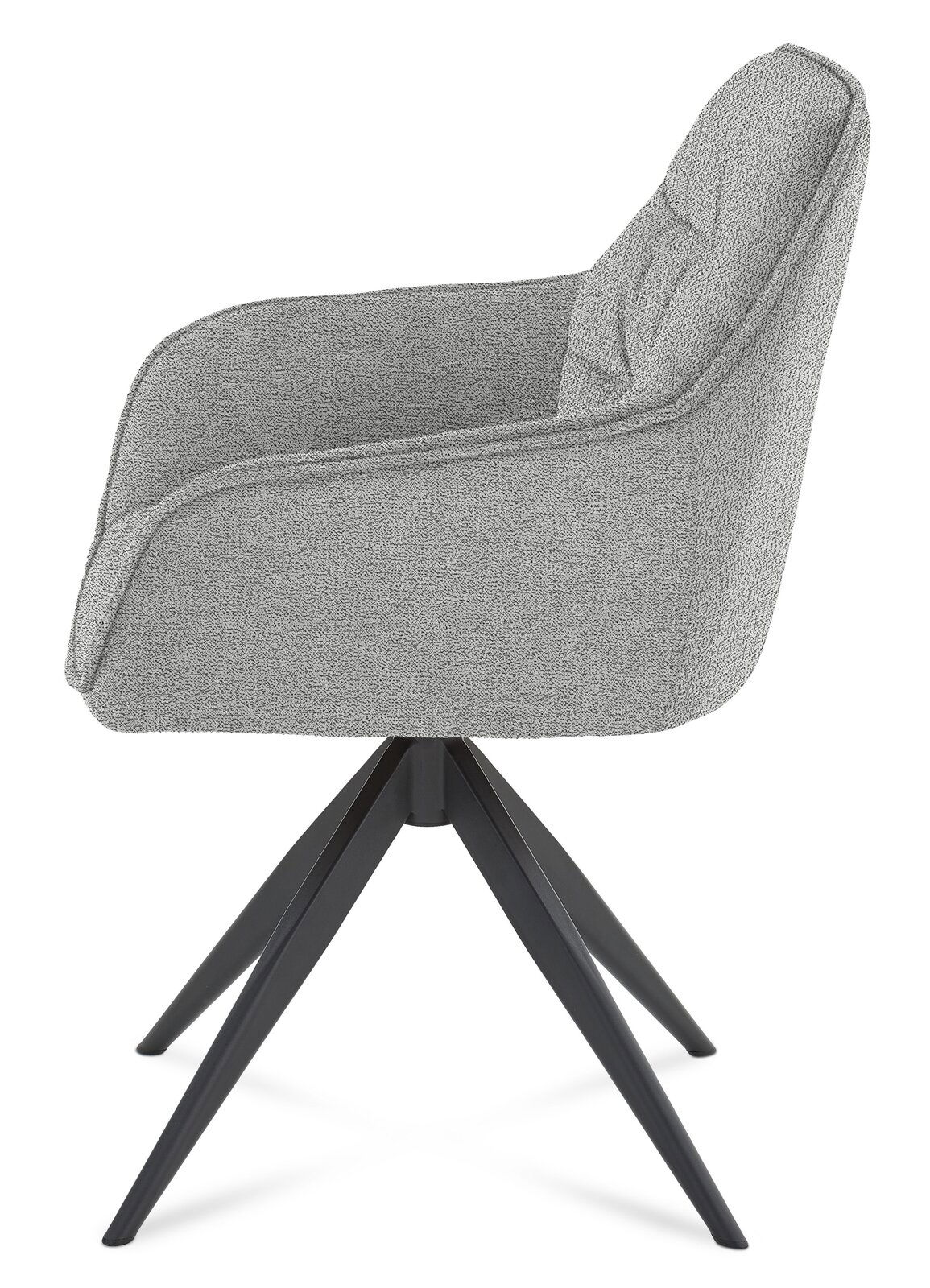 Grauer Armlehnstuhl mit schwarzem Metallgestell, seitliche Perspektive