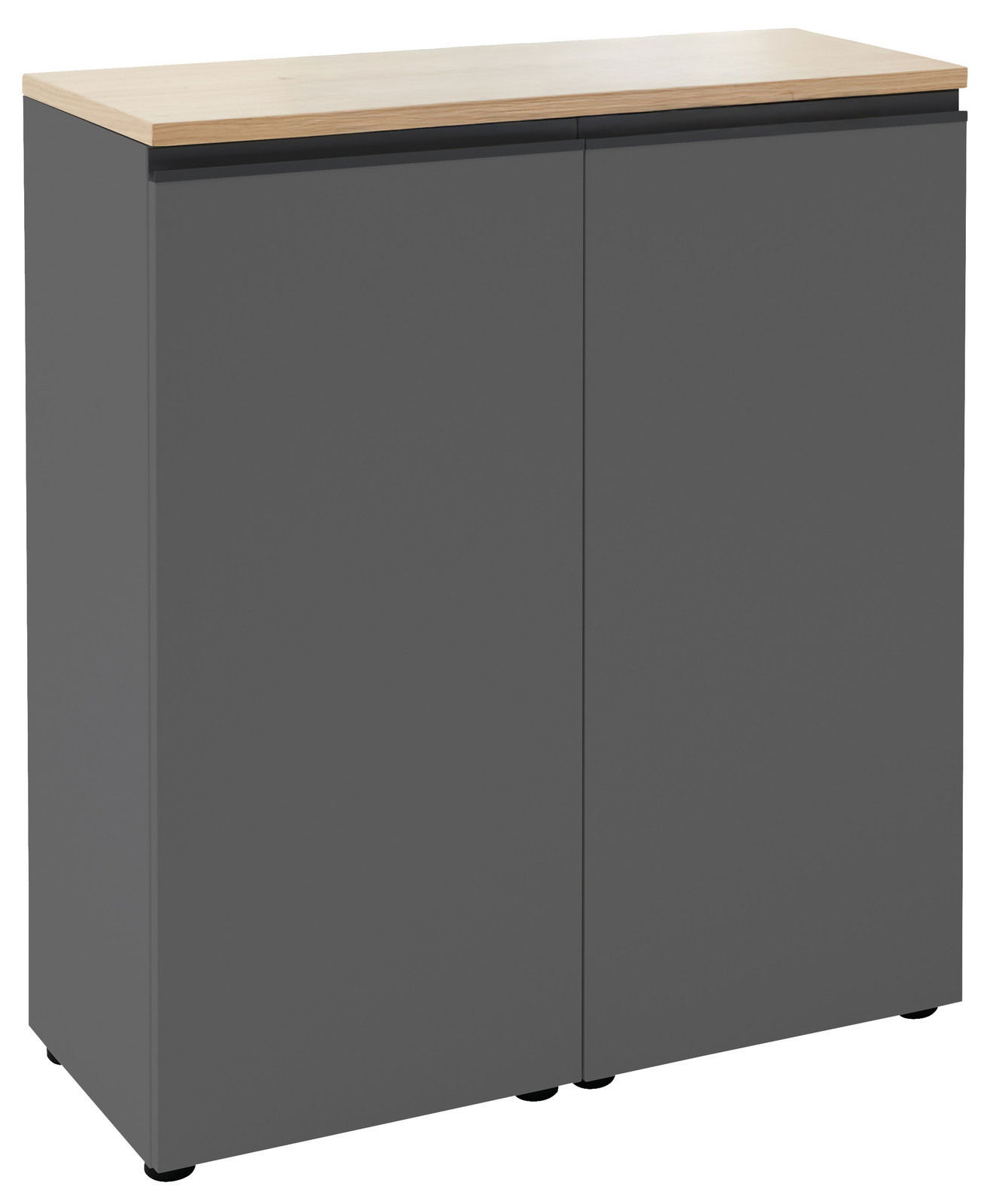 Dieter Knoll Commode 90 LENDINA Graue Kommode mit zwei Türen und einer Holzoberfläche, seitliche Perspektive