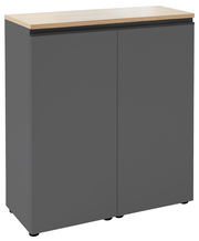 Graue Kommode mit zwei Türen und einer Holzoberfläche, seitliche Perspektive