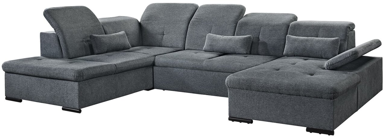 Graues Ecksofa mit verstellbaren Kopfstützen und Kissen, Perspektive von vorne links