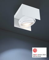 LED Aufbauleuchte in modernem Design, von unten betrachtet, mit Red Dot Award 2023 ausgezeichnet.