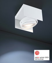 LED Aufbauleuchte in modernem Design, von unten betrachtet, mit Red Dot Award 2023 ausgezeichnet.