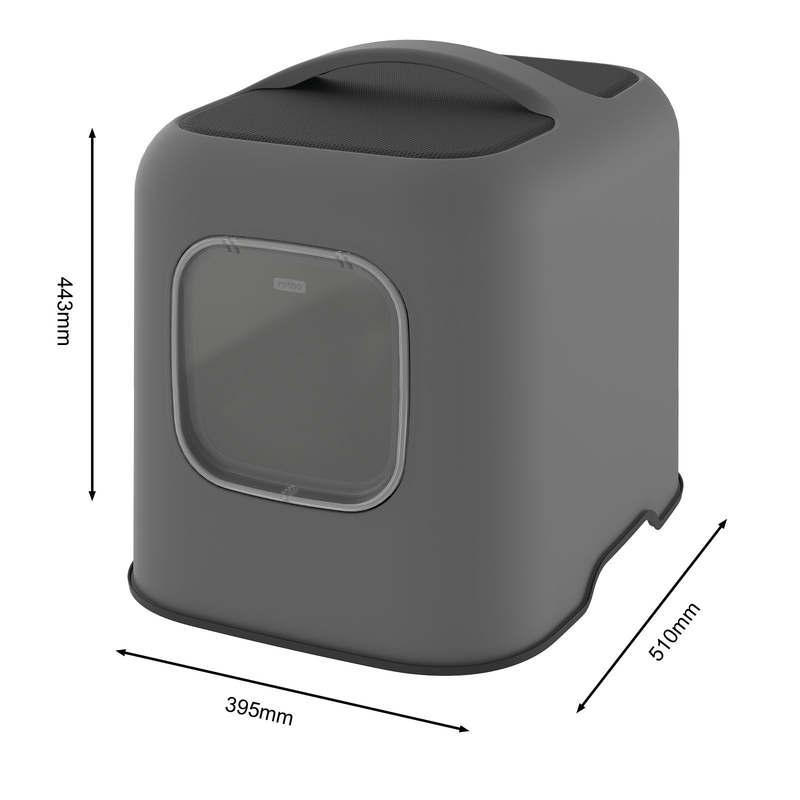 Graue Katzentoilette mit Tragegriff, Frontansicht