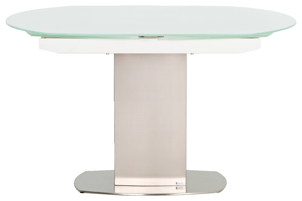 Moderner Esstisch mit Glasplatte und Metallfuß, seitliche Perspektive