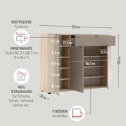 Schuhschrank/Kommode in Holzoptik mit grauen Fronten, geöffneter Tür und Schublade, Maßgrafik mit Abmessungen (ca. 133 x 103 x 38 cm) und Hinweisen zu Softclose sowie verstellbaren Böden, dargestellt in schräger Frontansicht.