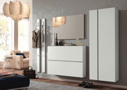 Moderne Garderobeneinrichtung mit hängendem Schuhschrank, Spiegel und Garderobenpaneel in einem stilvollen Wohnzimmer. Perspektive von vorne.