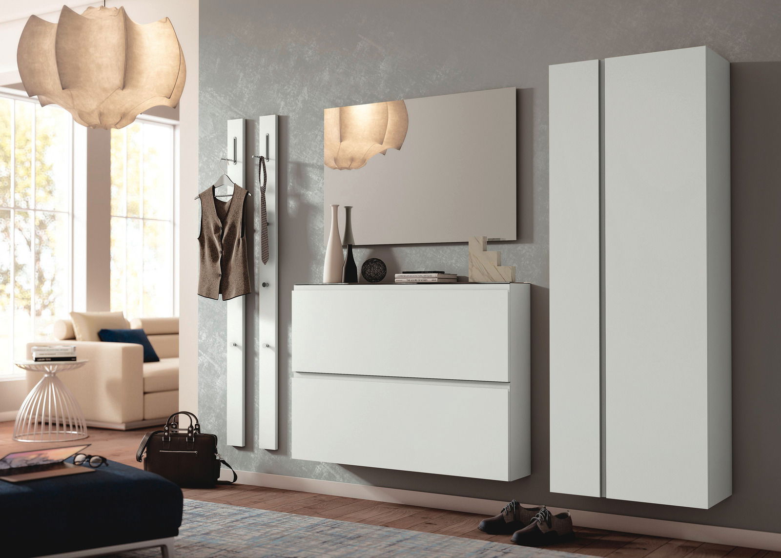 Moderano Hänge-Garderobenschrank LECCO Moderne Garderobeneinrichtung mit hängendem Schuhschrank, Spiegel und Garderobenpaneel in einem stilvollen Wohnzimmer. Perspektive von vorne.