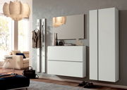 Moderne Garderobeneinrichtung mit hängendem Schuhschrank, Spiegel und Garderobenpaneel in einem stilvollen Wohnzimmer. Perspektive von vorne.